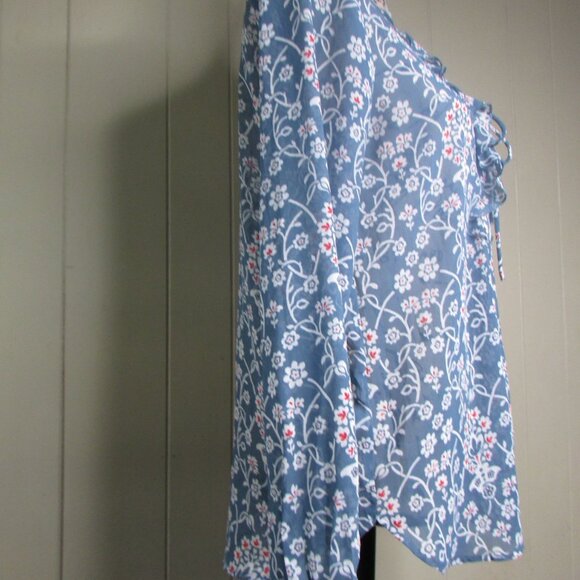 Ann Taylor Loft Sheer Blouse XS Ruffle Floral Blue Red White Long Sleeve - Picture 7 of 11